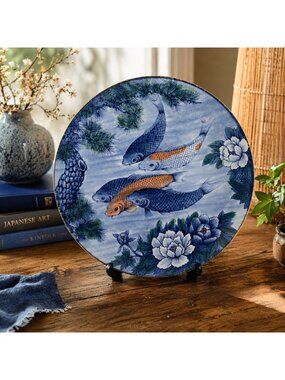 Decorative 12-Inch Ceramic Plate With Koi Fish & Floral Design Japan VTG 80s